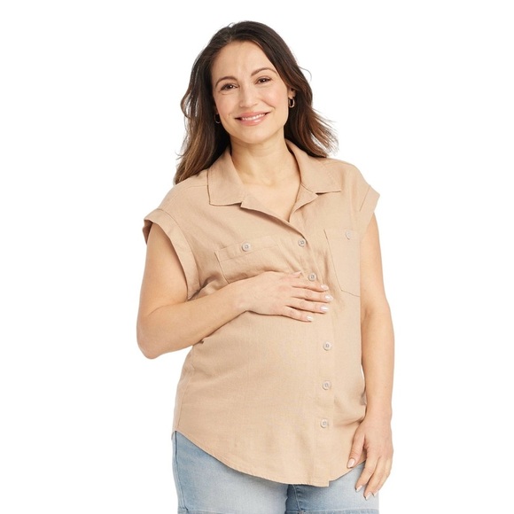Ingrid & Isabel Tops - Maternity top by Ingrid & Isabel Tan Sleeveless Button Down Shirt